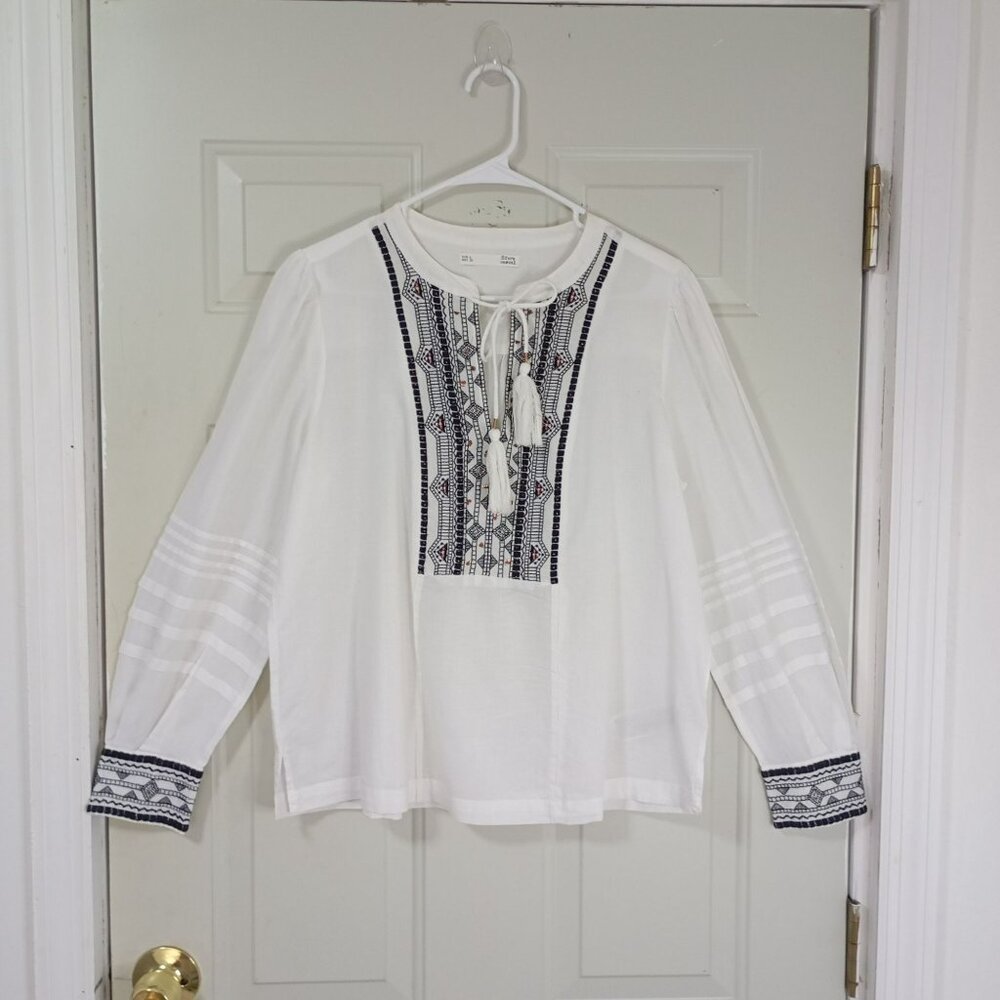 Sfera Blouse Casual Embroidered Boho Womens Tassel Tie Front & Buttoned Cuffs L